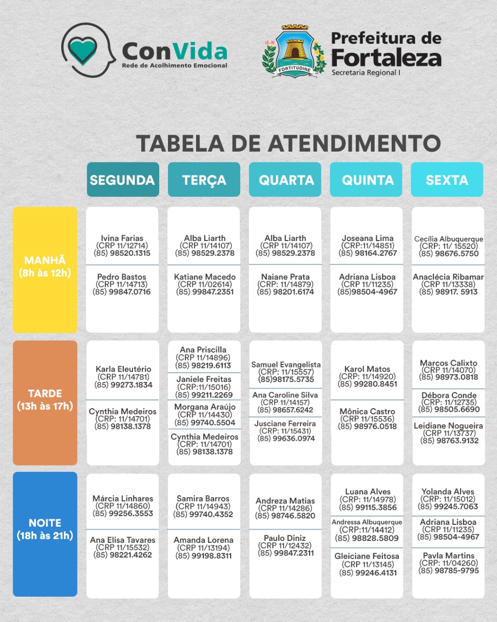 tabela com horários e dias de atendimento